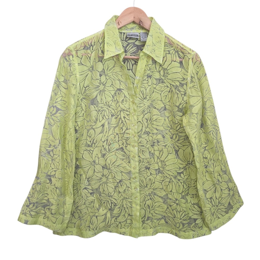 Chicos Blouse Size 1 M Chartreuse Green Floral Burnout Button Down Linen Blend